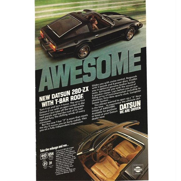 Nissan Datsun T Bar Roof 280 ZX Sports Car 1980s Vintage Print Ad 9 inch - Picture 4 of 4